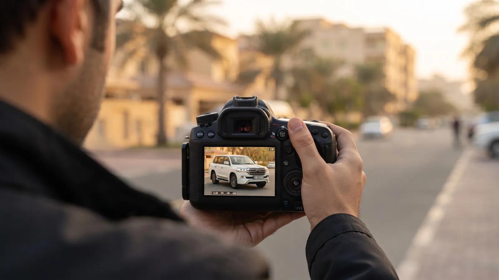 Over a photographer's shoulder: the camera's rear screen shows a white SUV on a Dubai street at golden hour, with its number plate blurred.