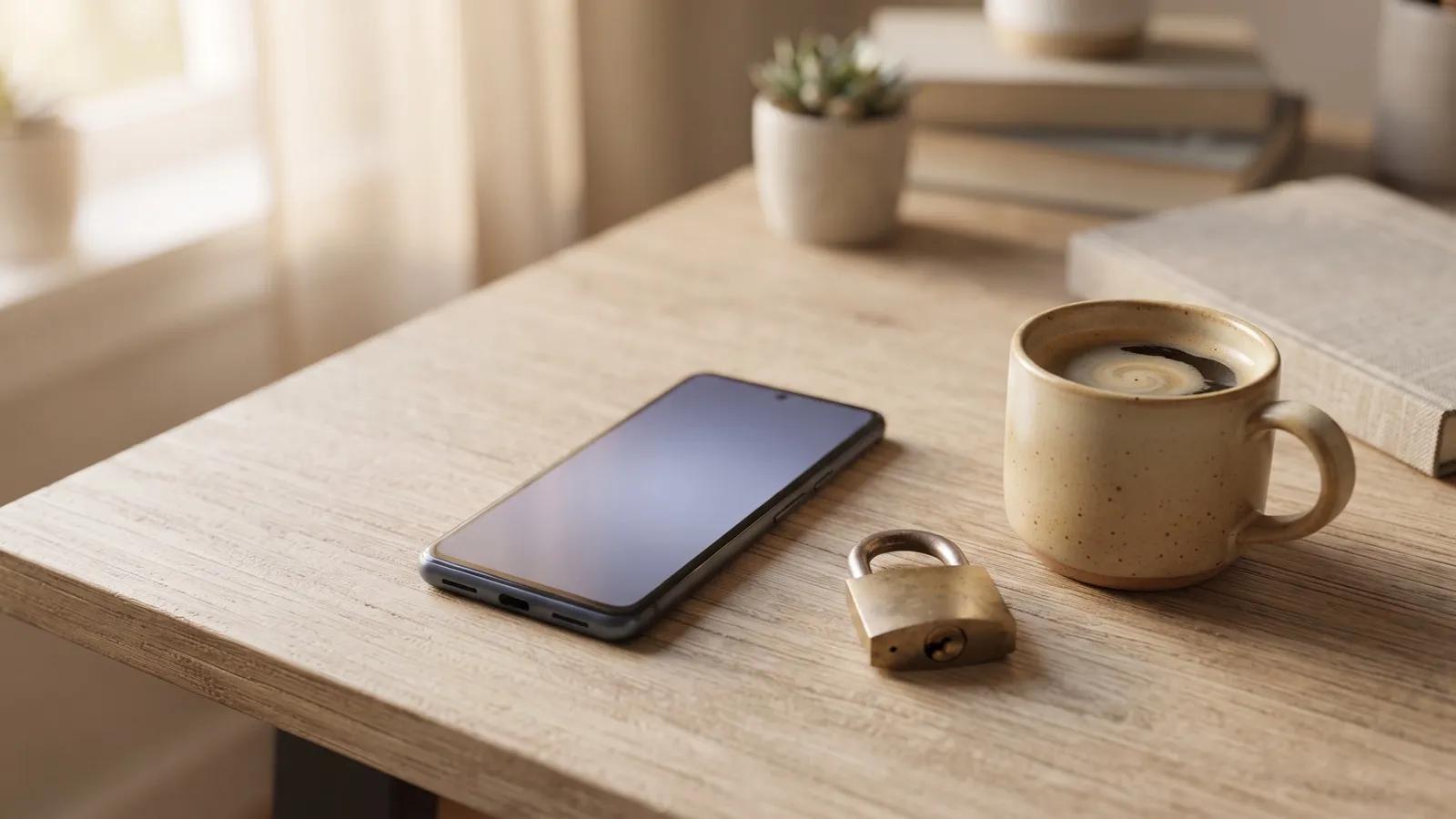 A smartphone on a light wooden desk beside a small brass padlock and a cup of coffee in soft morning light.
