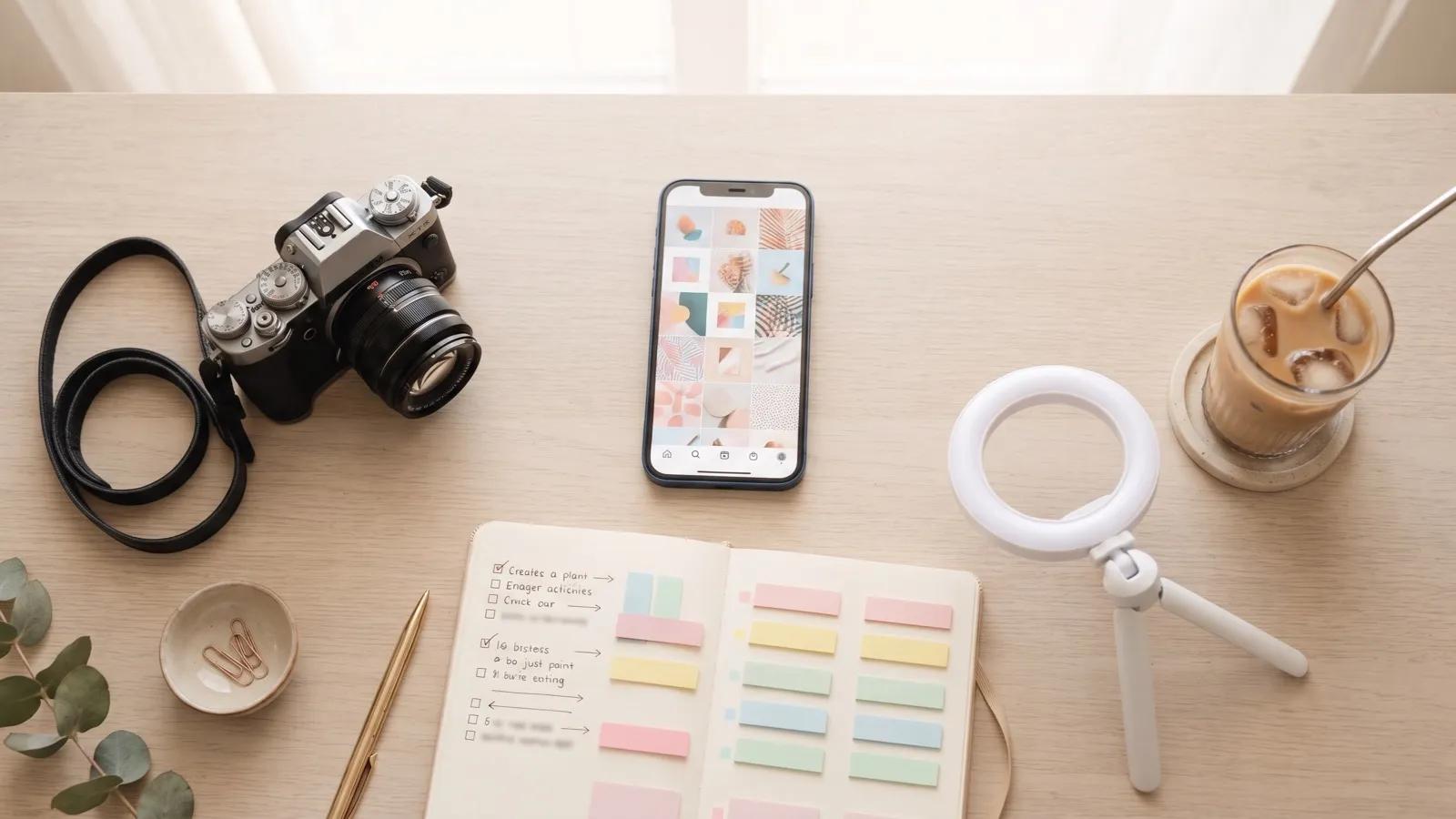 A flat lay of social media planning on a light desk: a phone showing a photo grid, a mirrorless camera, a planner with coloured tabs, a small ring light and an iced coffee.
