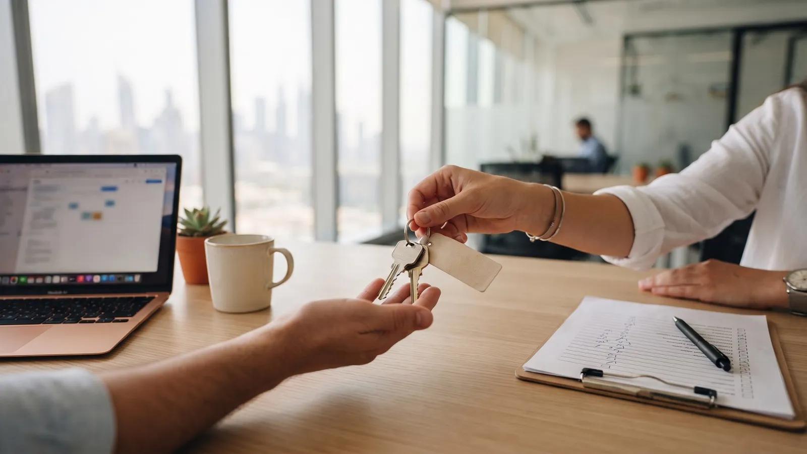 One hand passing a set of keys across a bright office desk to another, beside an open laptop and a checklist on a clipboard.
