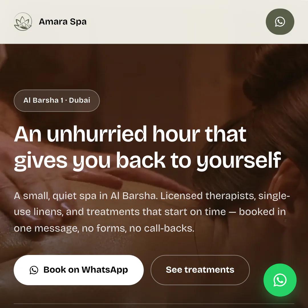 The Amara Spa concept site on a phone, with the floating WhatsApp button in the bottom corner.