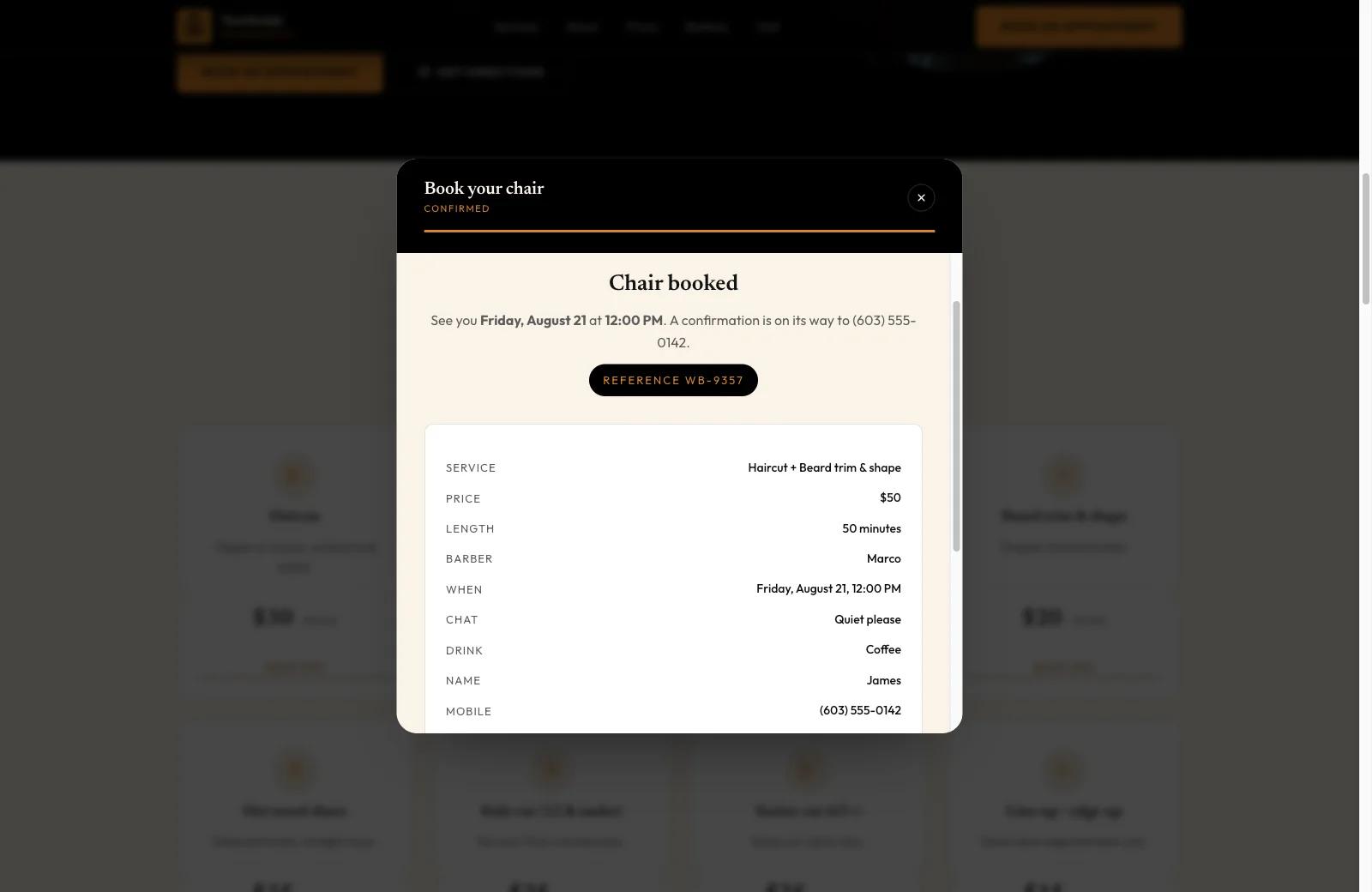 The booking confirmation screen with a reference number and a full recap of the appointment.