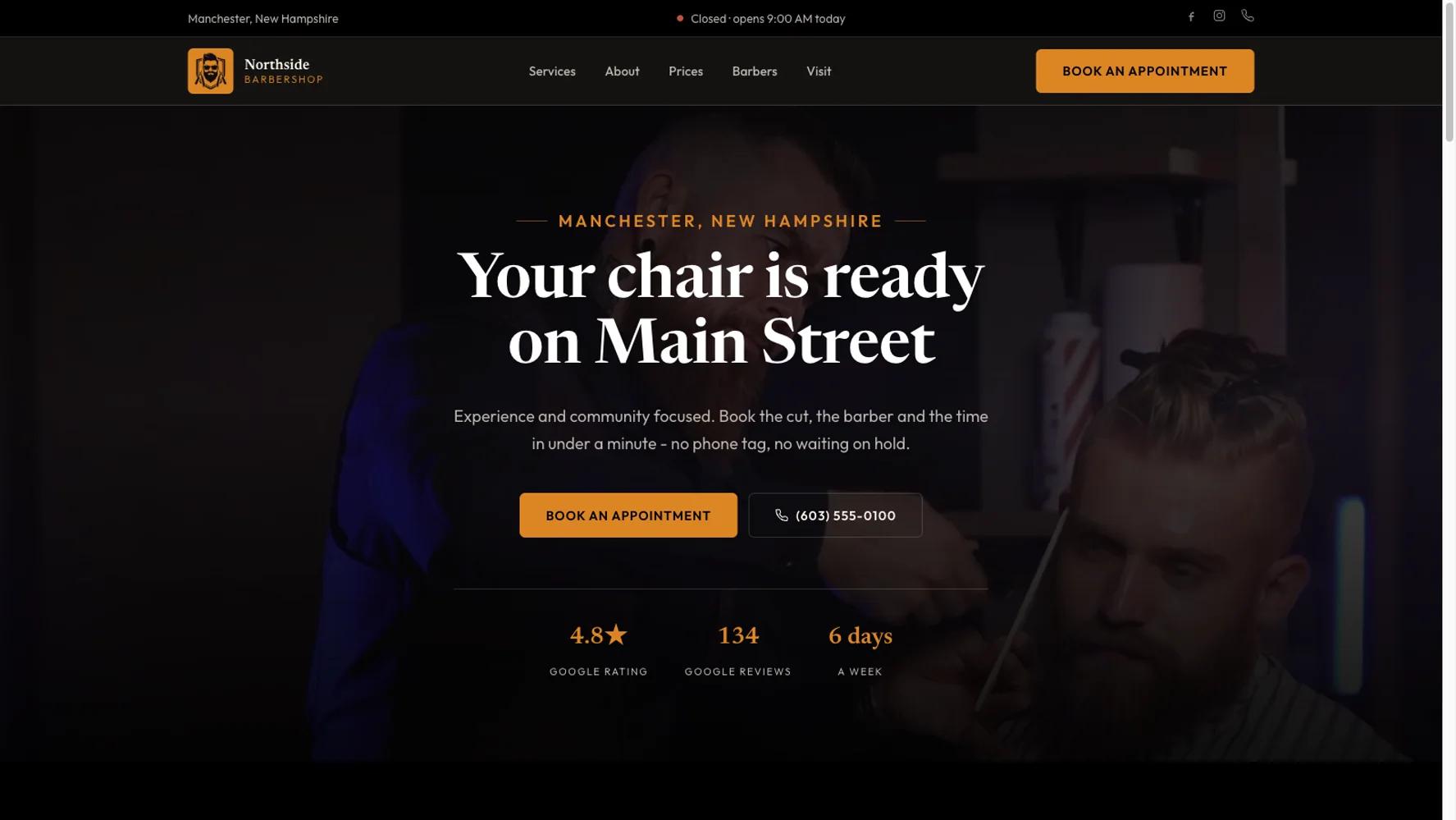 The barbershop demo homepage: a dark hero with a looping video of the shop, the shop's Google rating and review count, and a book an appointment button.
