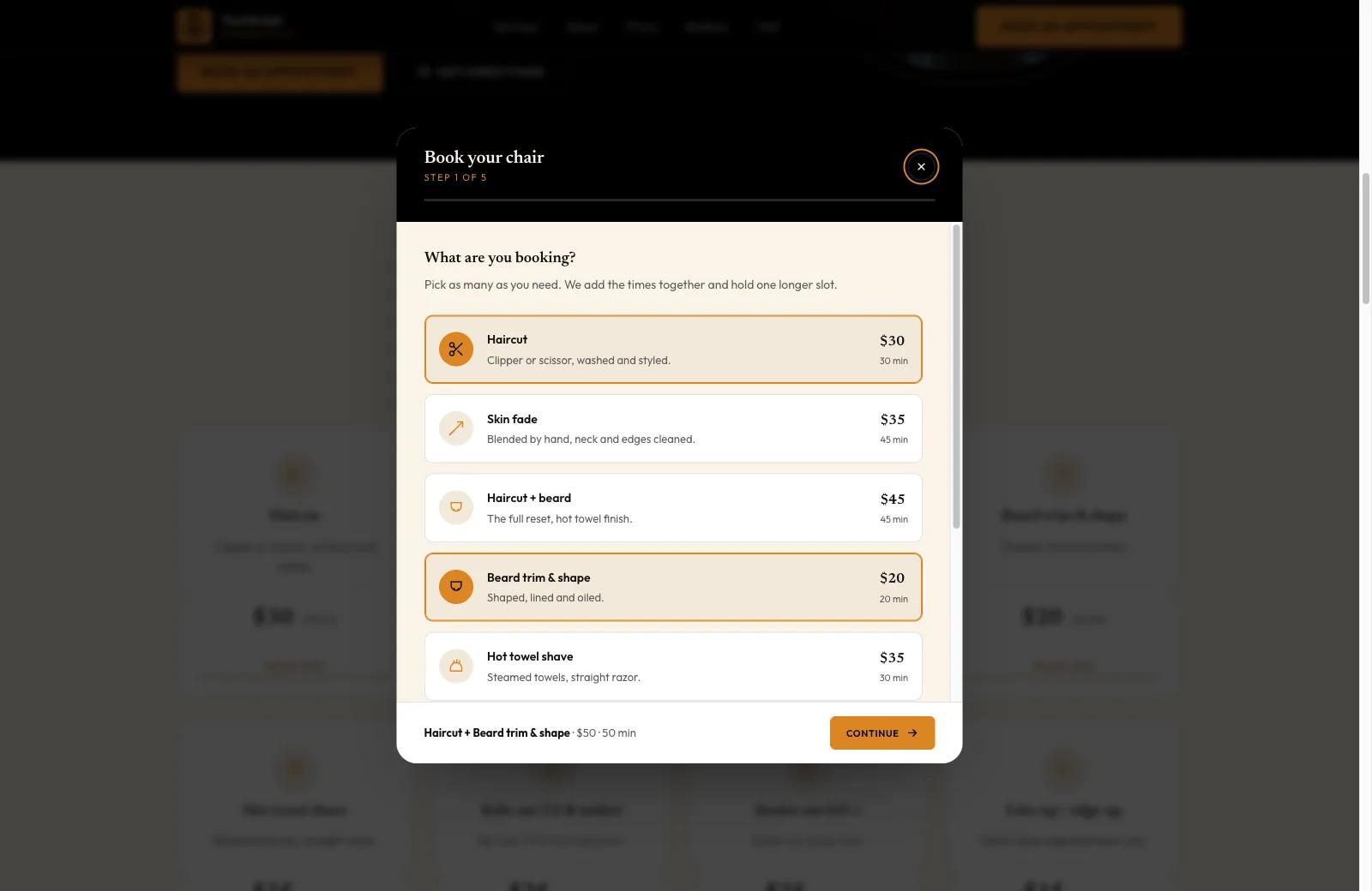 The first booking step, where several services can be selected at once and the running total updates.