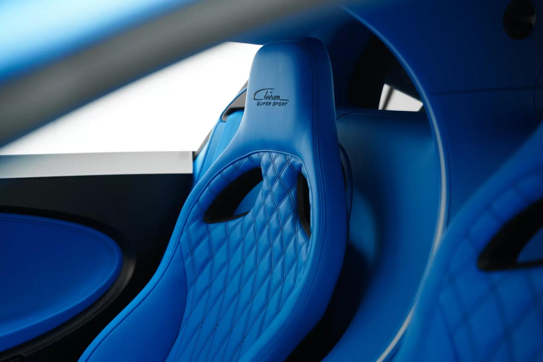Bugatti Chiron Super Sport blue quilted-leather seat detail.