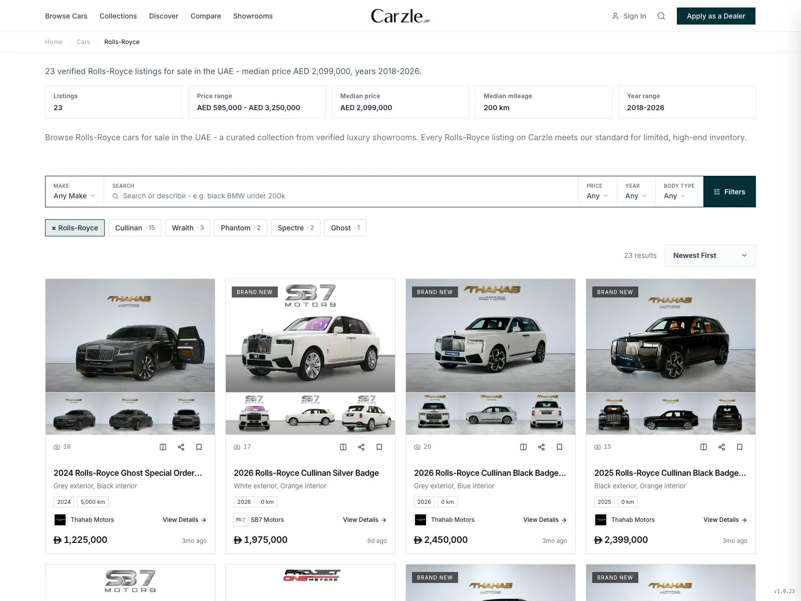 The Carzle Rolls-Royce browse page - stat strip, filter bar, model chips and a grid of verified listings.