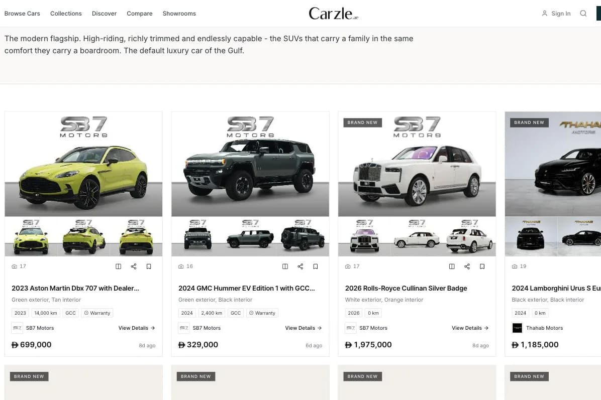 The Luxury SUVs collection on Carzle - a grid of verified listings with regional spec and warranty badges.