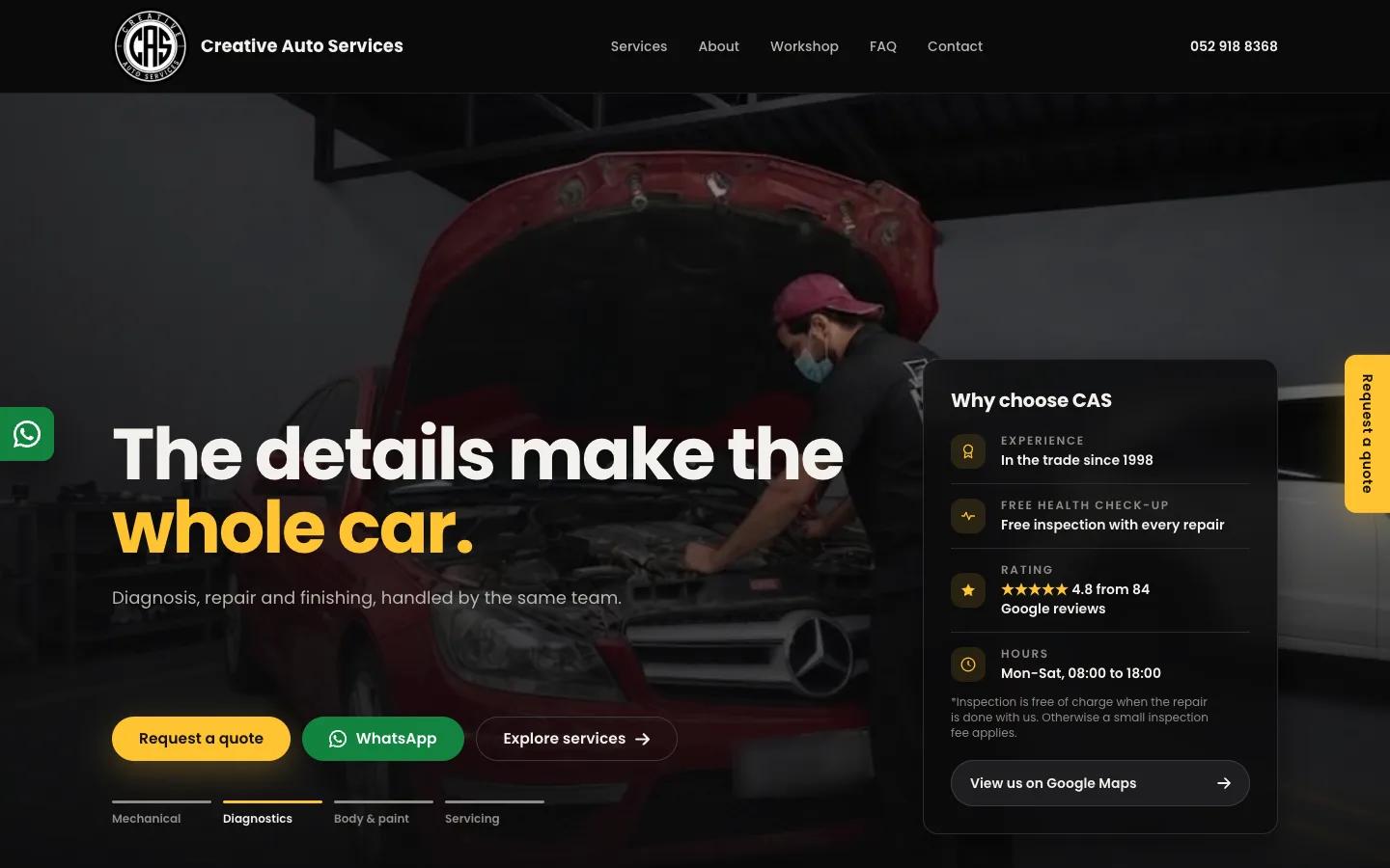 The Creative Auto Services homepage: a dark header with the CAS logo, a mechanic working under the bonnet of a red Mercedes, the headline 'The details make the whole car.' and buttons for a quote and WhatsApp.
