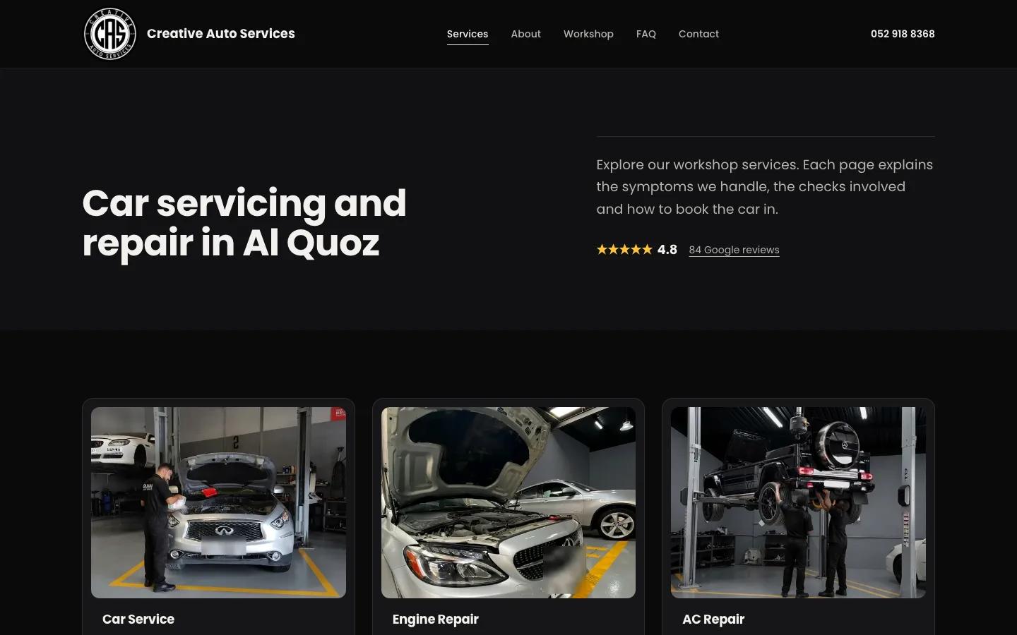 The services page of creativeauto.ae, with service cards showing cars on lifts and the number plates pixelated.