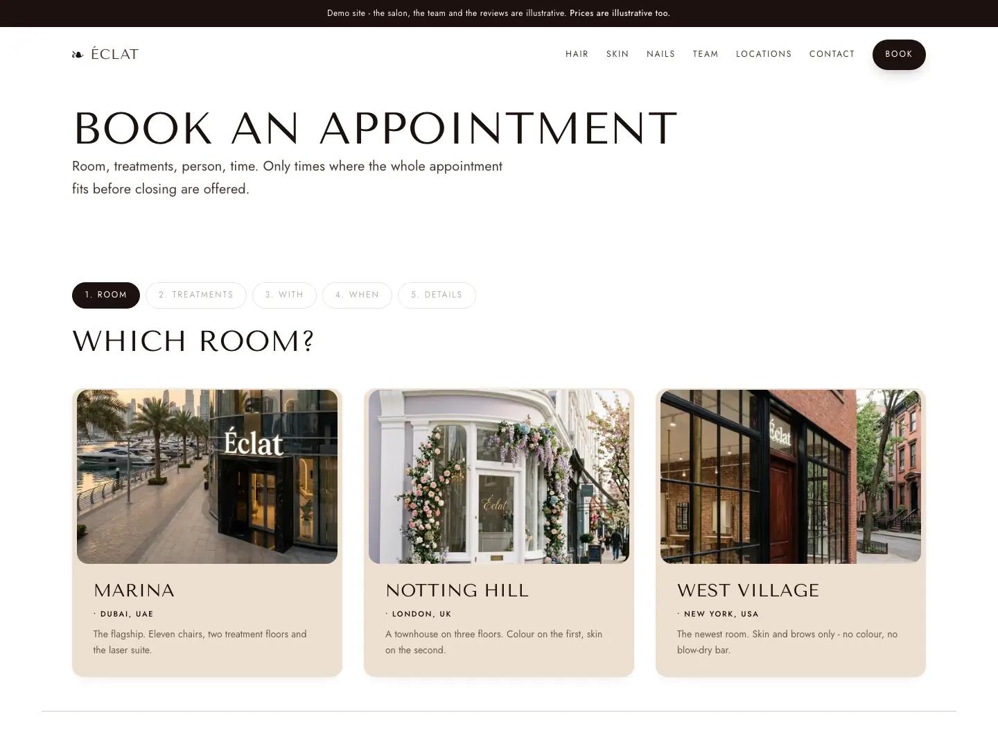 The room picker on the Éclat booking wizard, showing three branch cards - Marina in Dubai, Notting Hill in London and West Village in New York - each with its own photo and description.