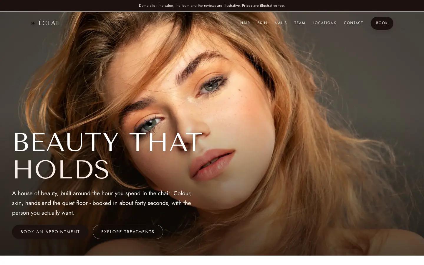 The Éclat concept site homepage - a full-bleed beauty portrait behind the headline 'Beauty that holds', with Book an appointment and Explore treatments buttons.