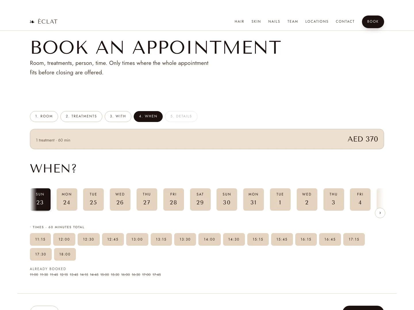 The date and time step of the Éclat booking wizard, showing a grid of available times alongside an already-booked row of struck-through times.