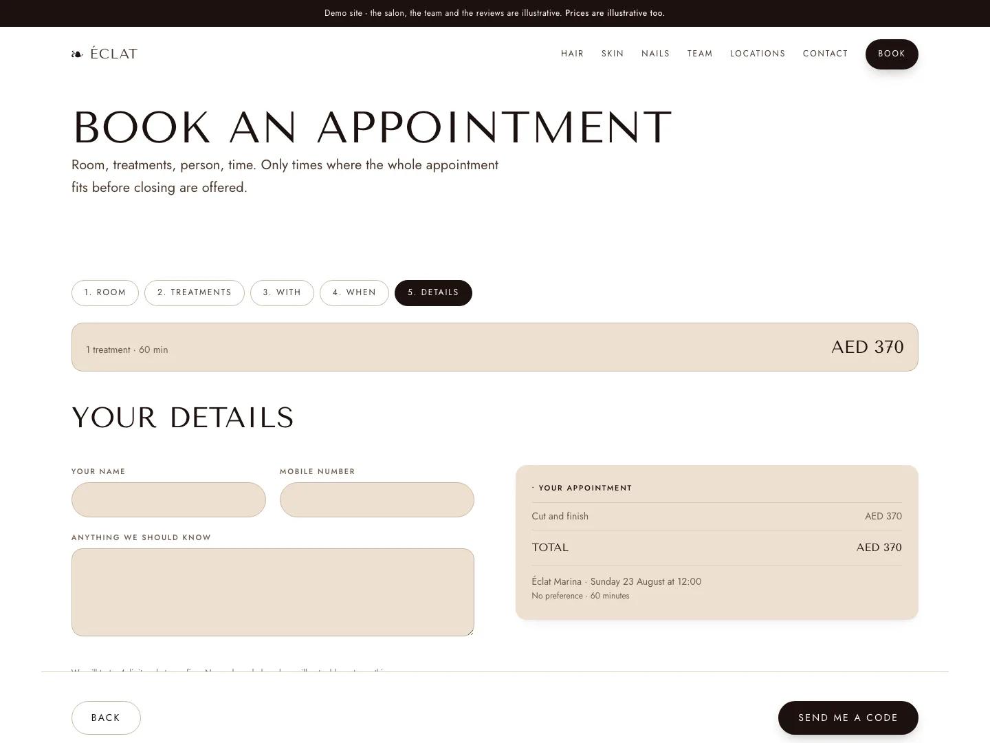 The final details step of the Éclat booking wizard, with a name and mobile number form beside a summary card showing the branch, treatment, stylist, date and time.