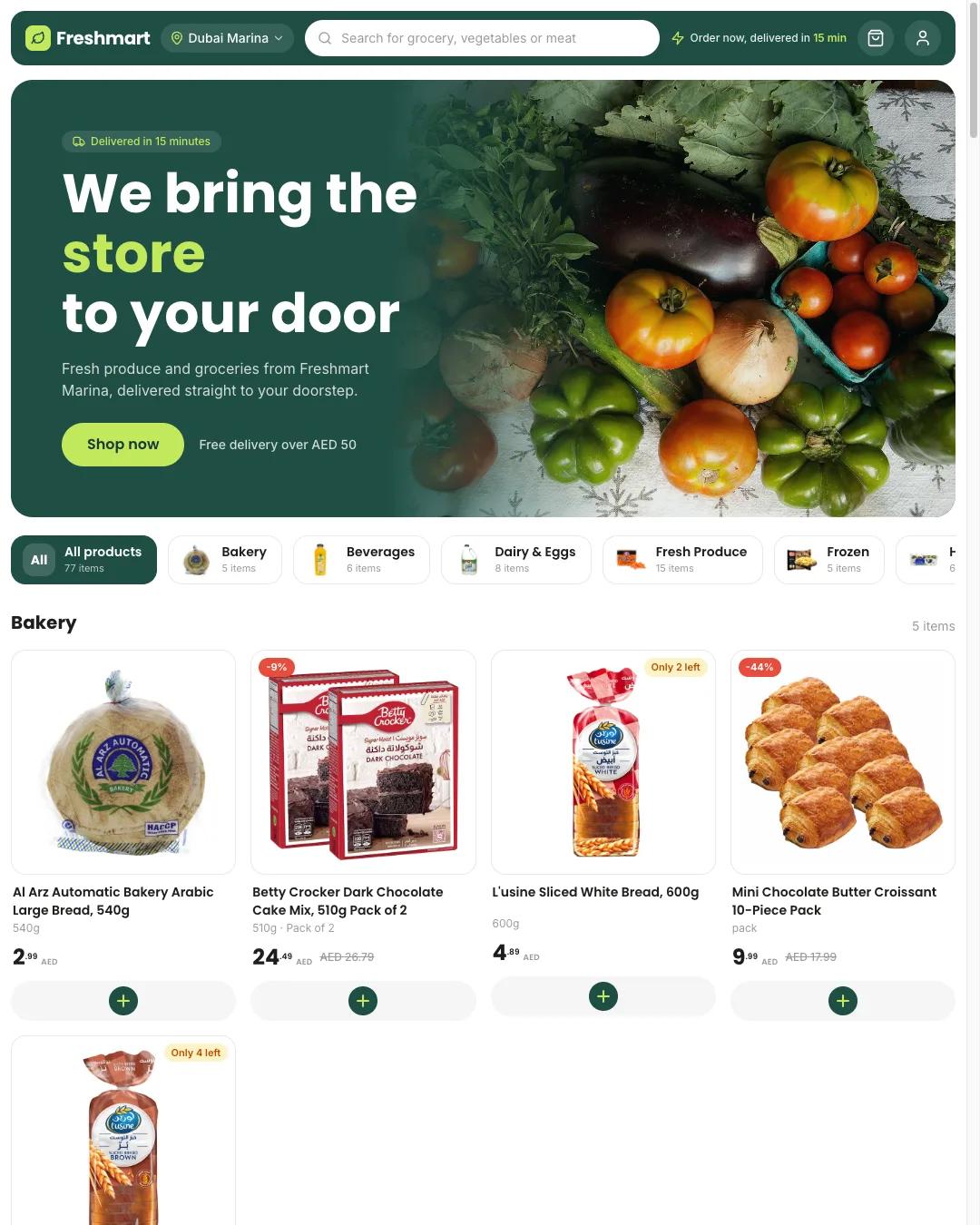 The Freshmart storefront on mobile - categories, search and cart, built phone-first.