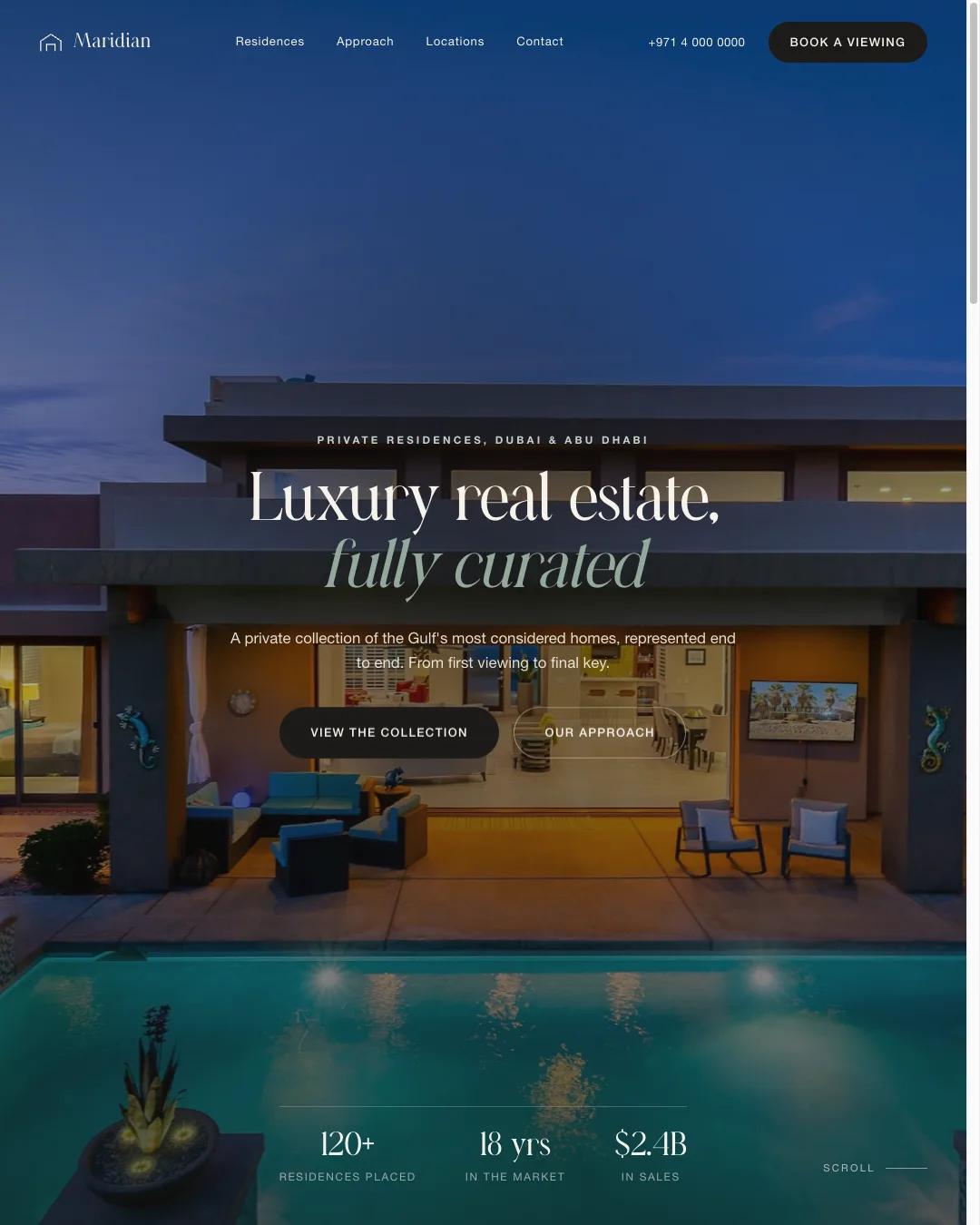 The Maridian concept site on mobile, with editorial type and calm colour.