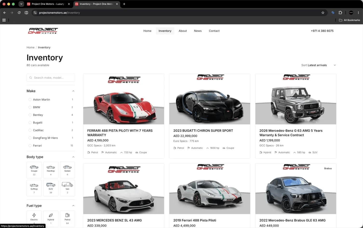 The public inventory page on the rebuilt Project One Motors site.